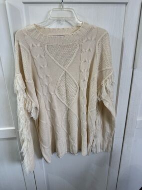 Fringe Detail Cream Crewneck Cable Knit Sweater